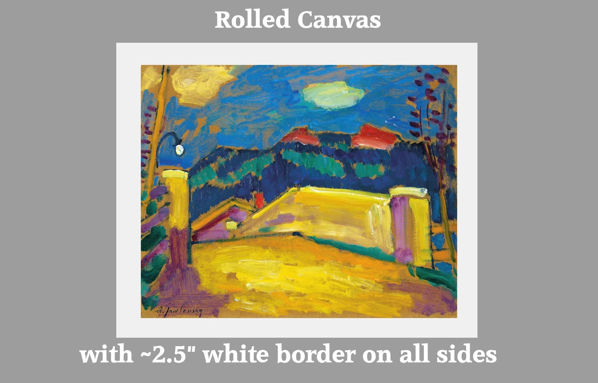 A rolled canvas art print featuring an impressionist landscape painting with a vibrant yellow foreground, green hills, and a deep blue night sky. The image is presented on a gray background with text indicating a white border of approximately 2. Alexej von Jawlensky – Landschaft mit Brücke, circa 1909