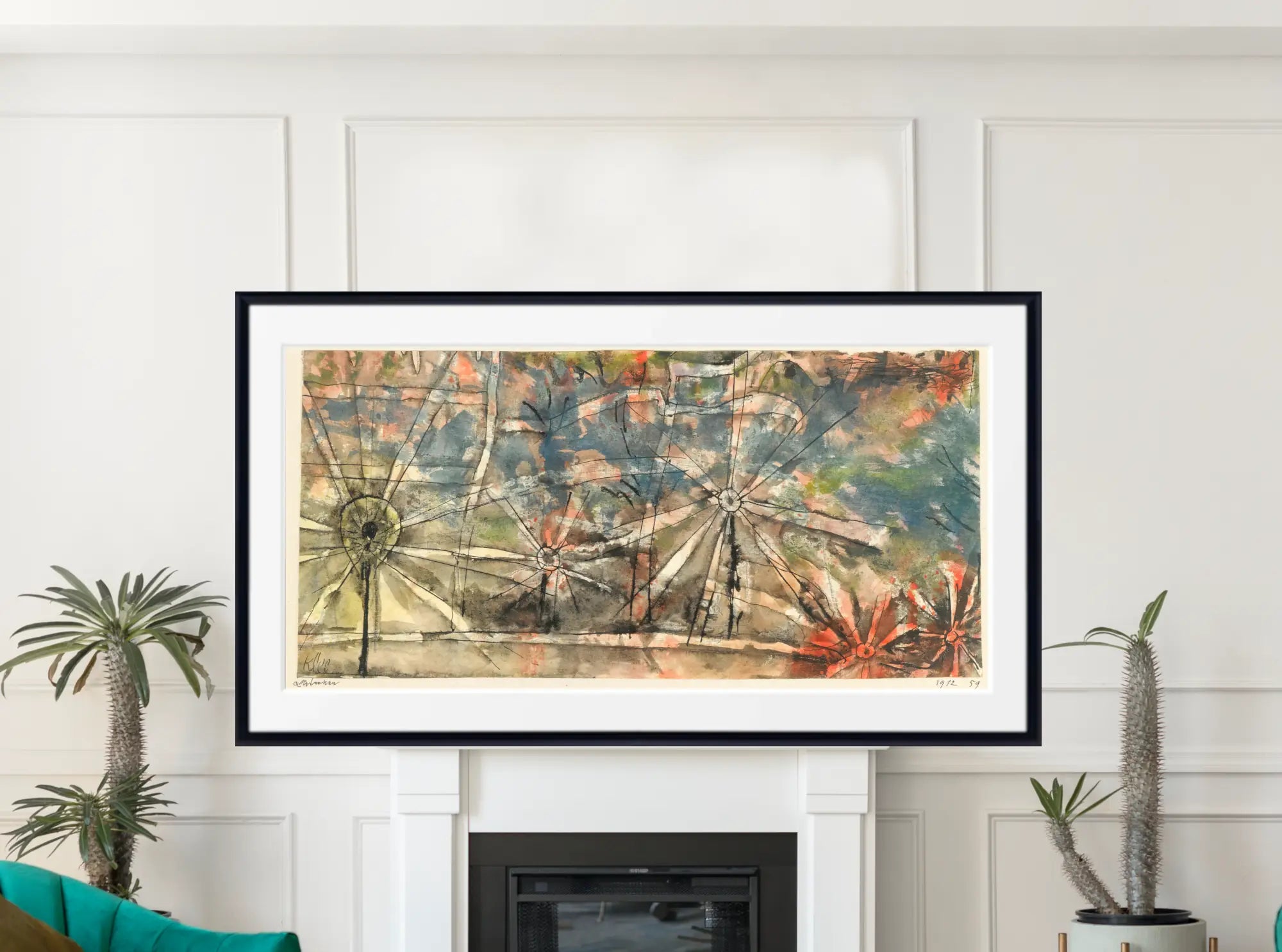 A framed abstract canvas print with a black frame and white mat, displayed on a white paneled wall above a fireplace, flanked by potted plants. Paul Klee Print, Laternen (Street Lamps) (1912)