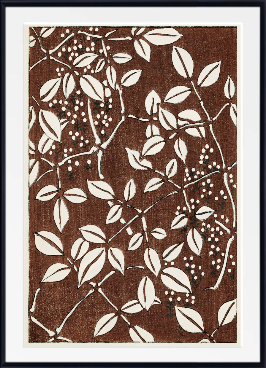 A framed art print featuring a botanical pattern of cream-colored leaves and berry clusters on a textured dark brown background, enclosed in a white mat and a black frame.