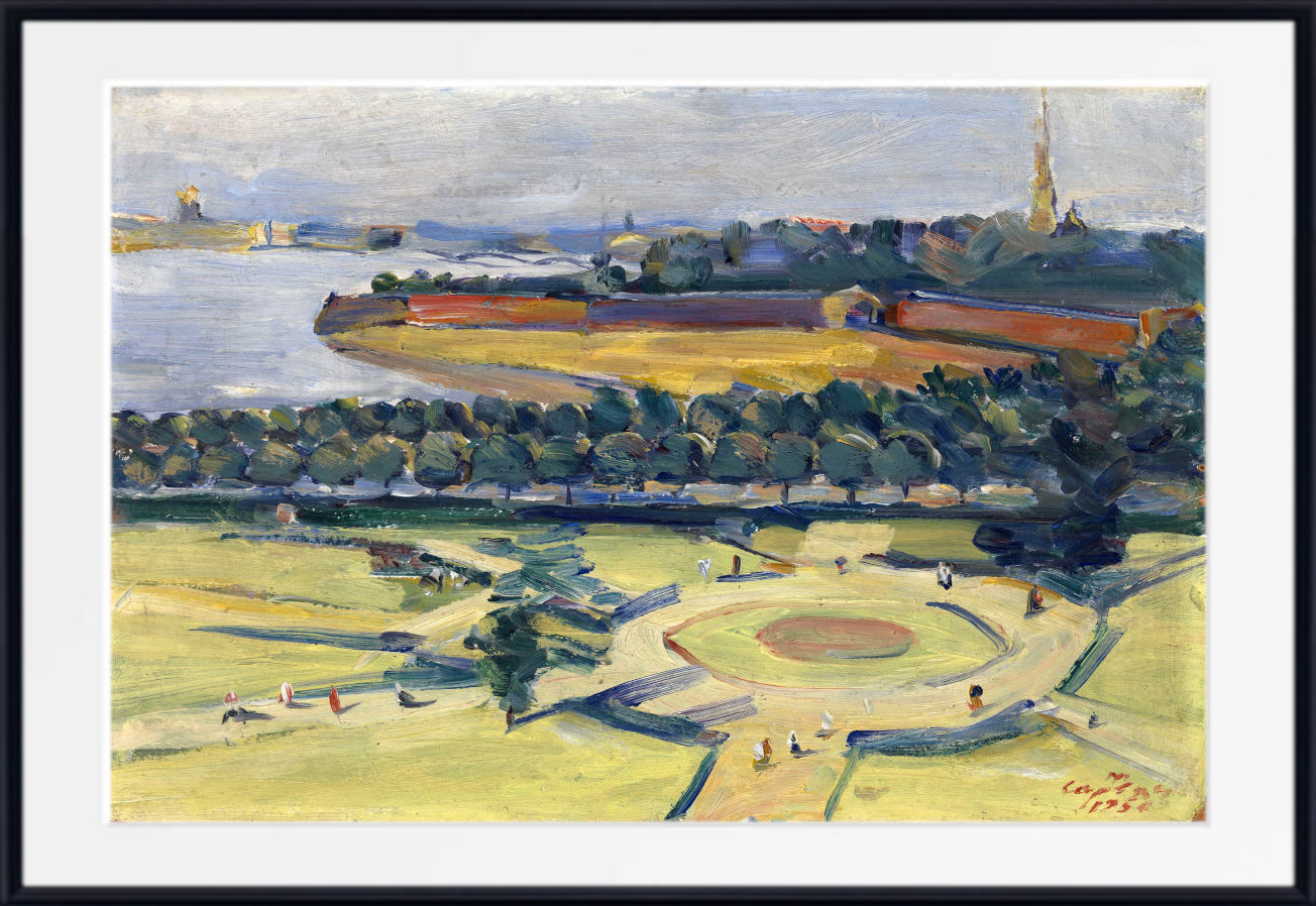 An impressionist landscape painting of a park and waterfront scene, shown with a white mat and black frame. The artwork features green and yellow fields, trees, a body of water, and distant buildings under a pale sky.