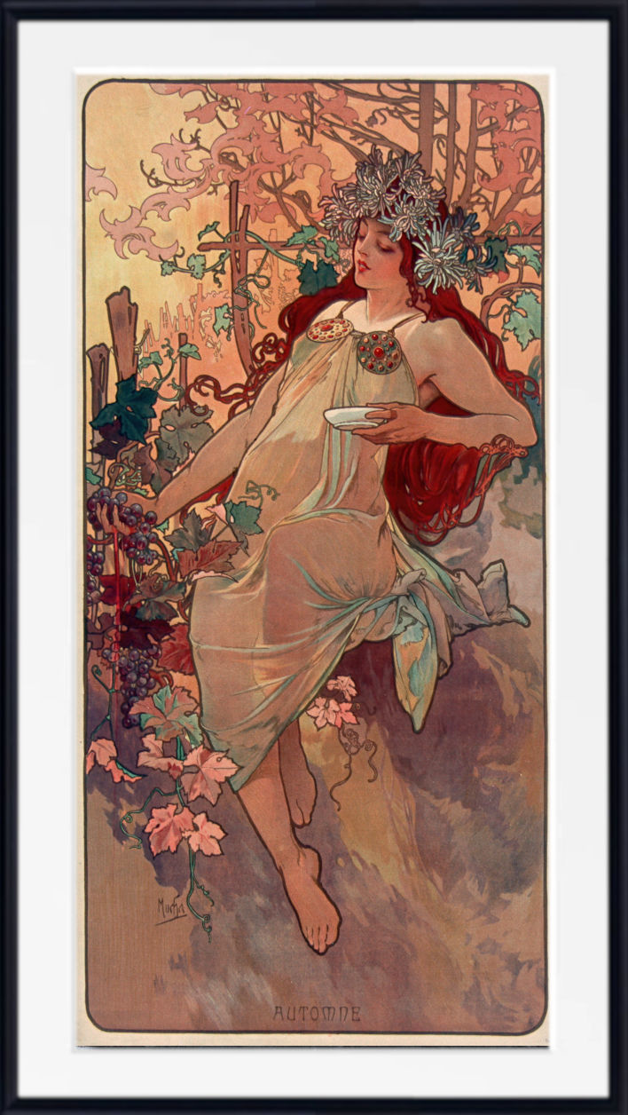 Framed Art Nouveau style print featuring a woman in flowing pale drapery seated among pink flowers and trees, with a red garment at her side and a black frame around the artwork.