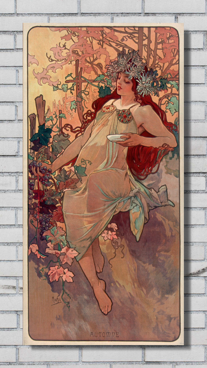 A vertical Art Nouveau style poster or print depicting a woman in flowing pale drapery seated among pink flowers and trees, mounted against a light gray brick wall.
