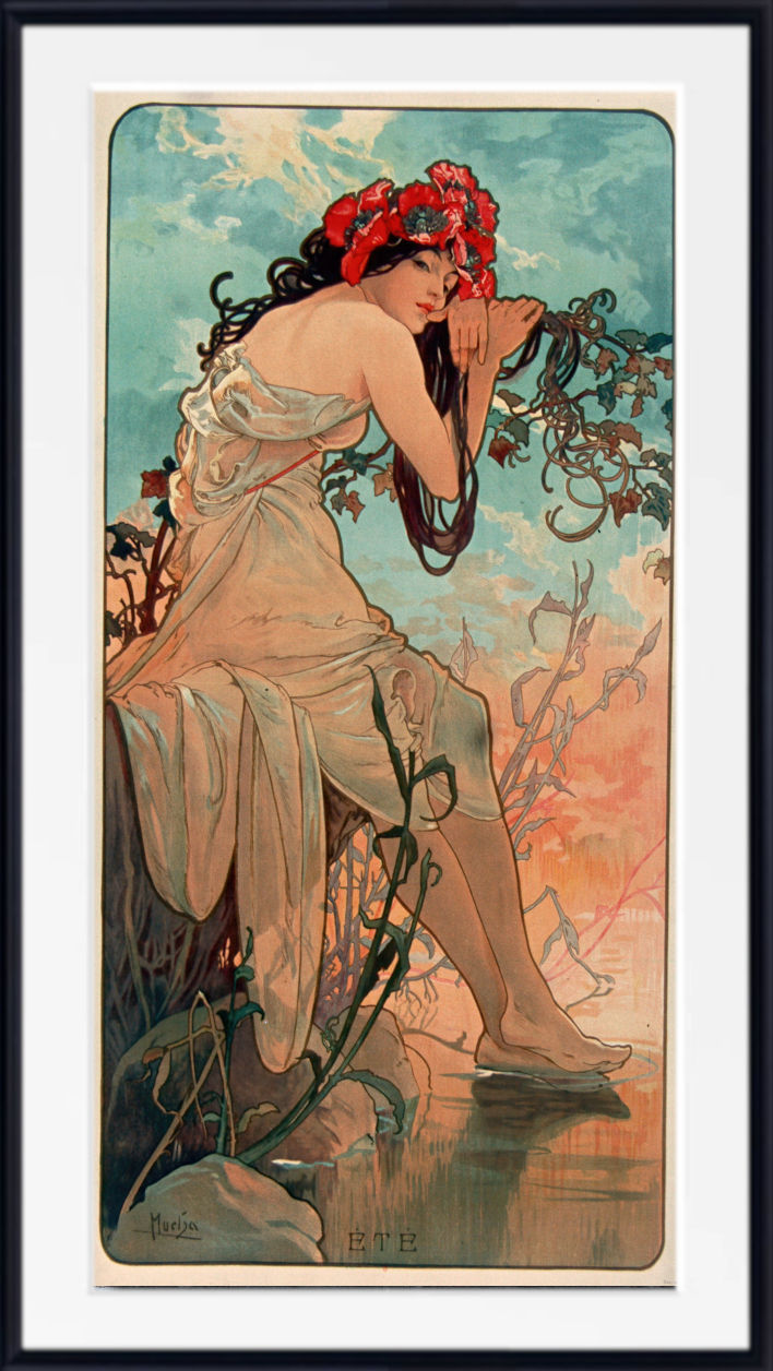 A framed vintage Art Nouveau style print featuring a seated woman in flowing pale drapery, with a red flower crown, against a sky-like background in blue, peach, and orange tones.