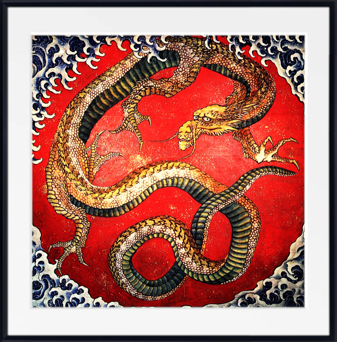 Framed wall art featuring a stylized Chinese dragon in gold, black, and green tones on a vivid red background, surrounded by blue and white wave motifs, shown in a black frame with white mat.
