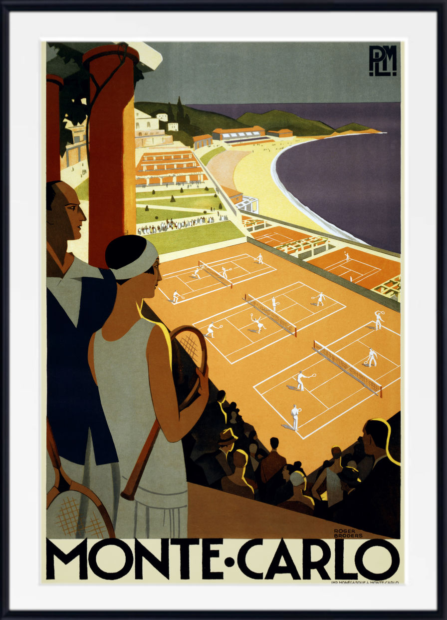 A framed vintage-style travel poster for Monte-Carlo, showing tennis courts by the sea with spectators in the foreground and the text 'MONTE-CARLO' at the bottom.