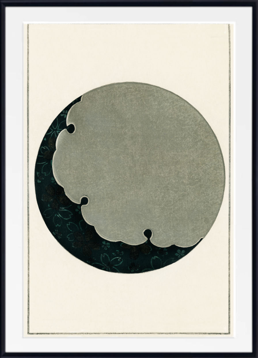 Framed abstract art print featuring a large muted gray circular form with scalloped edges over a dark teal patterned lower section, set against an off-white field with a thin double-line border and a black frame.