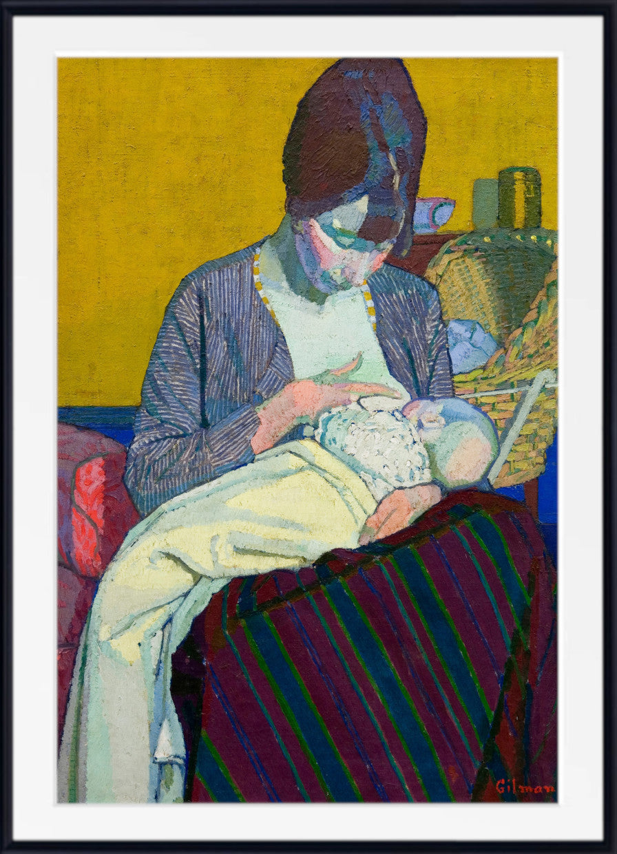An art print of an expressionist painting depicting a mother nursing her baby, framed in a black frame with a white mat border.