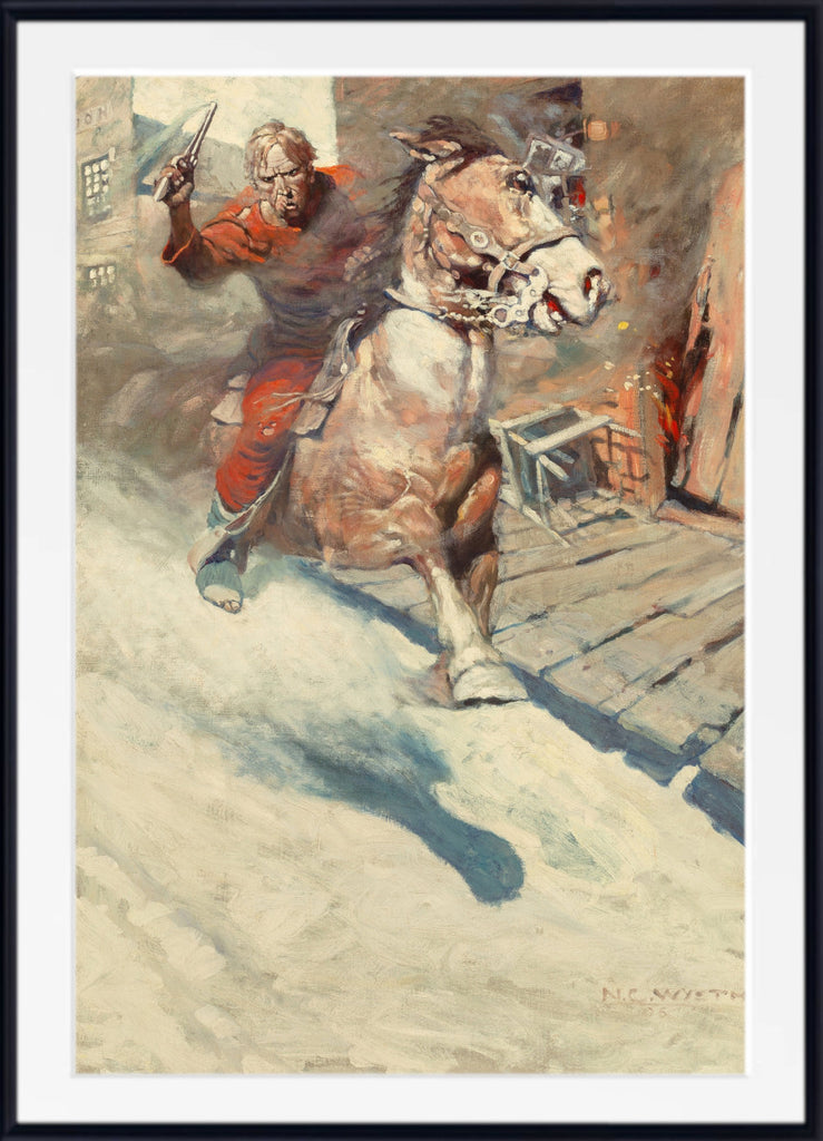 Mr. Cassidy … Saw a crimson rider sweep down upon him … Heralded by a blazing .41 (1906)  by N. C. Wyeth