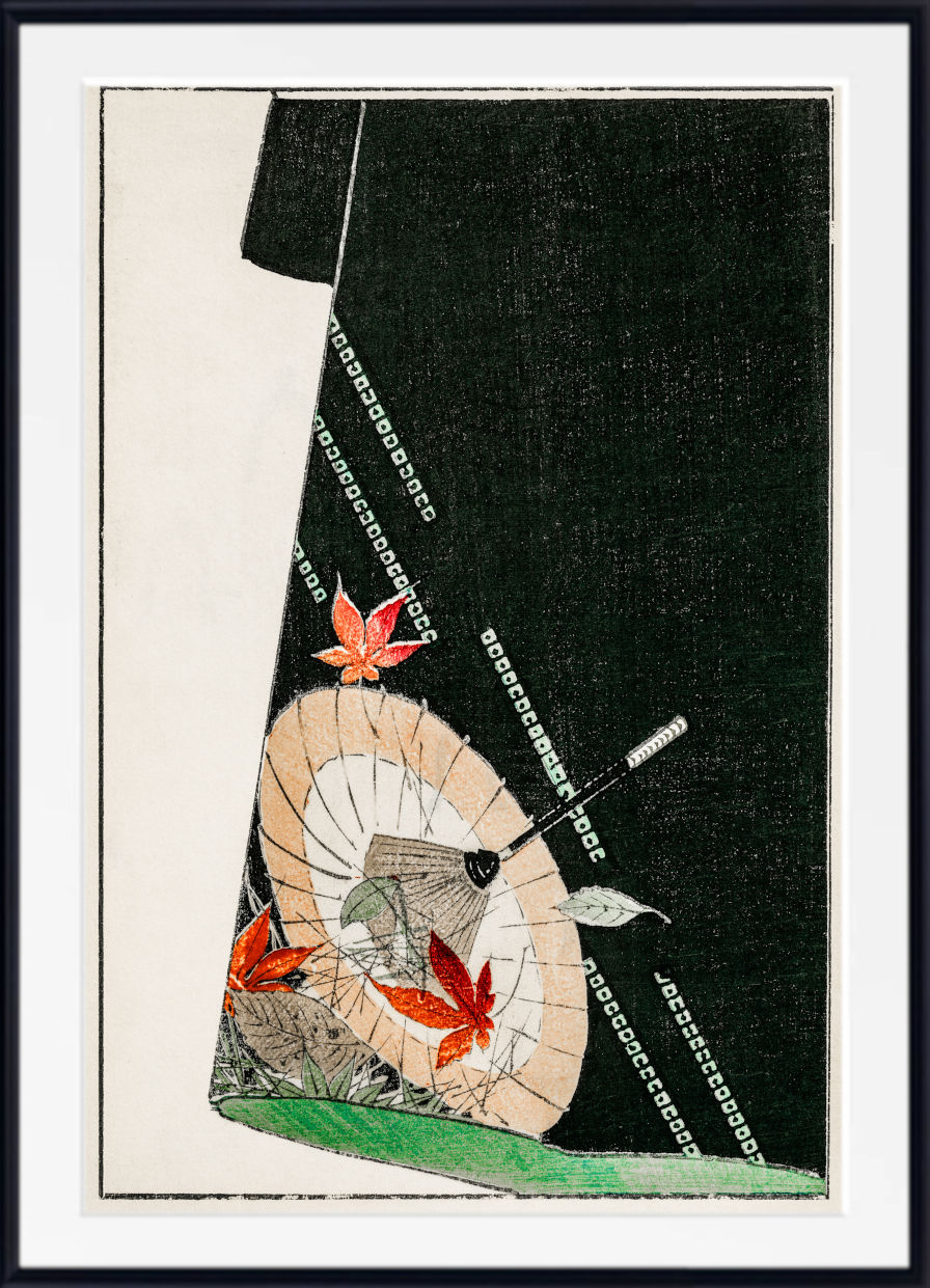 A framed Japanese-style art print featuring a dark black garment with a beige parasol decorated with red-orange maple leaves, set against a cream background with a black frame and white mat.