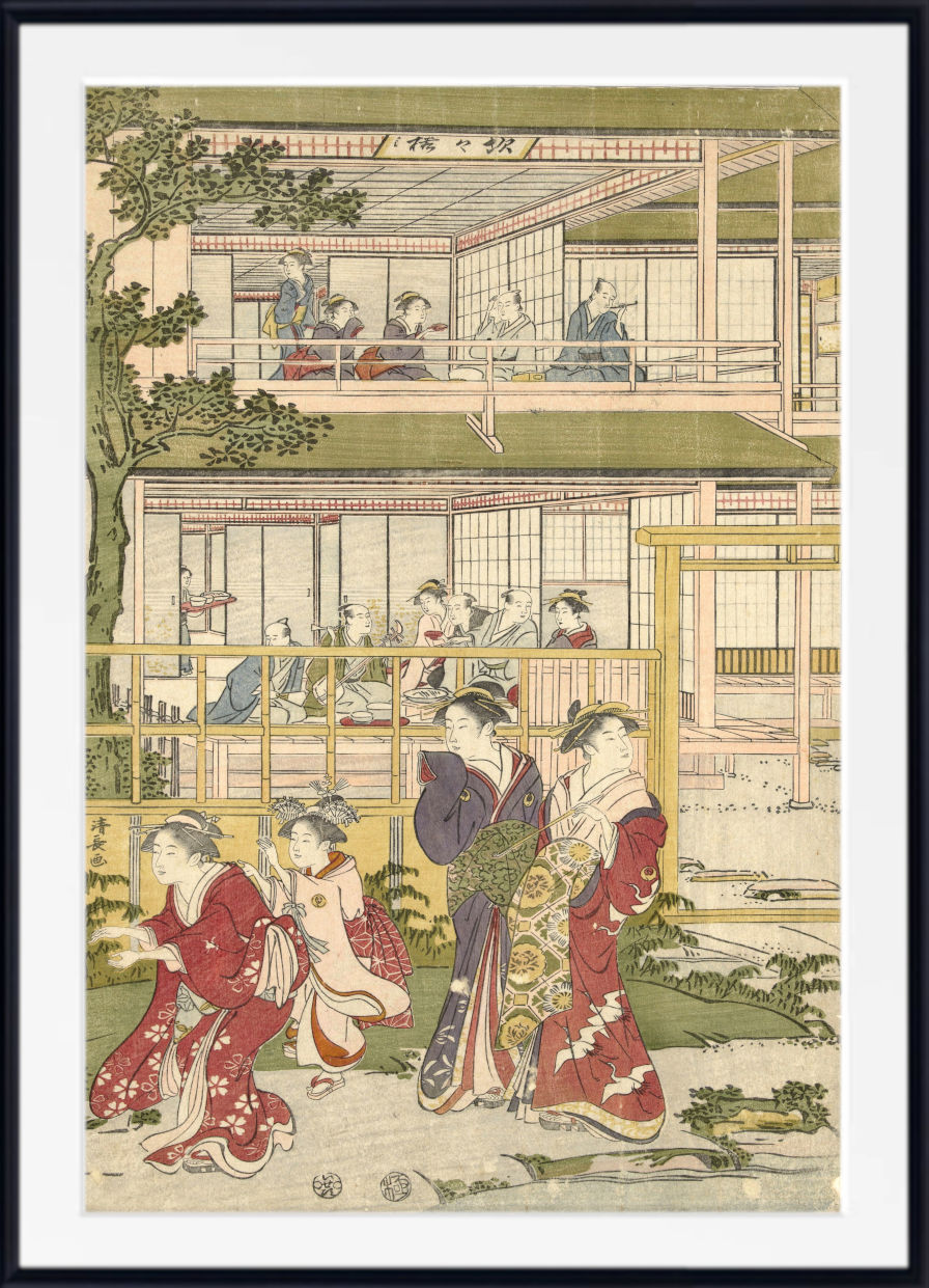 A framed Japanese ukiyo-e woodblock print depicting women in traditional red and blue kimonos walking and standing in a garden courtyard, with a white mat and black frame.