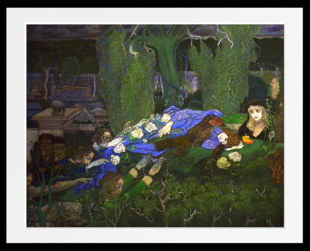 A framed art print featuring a dark, dreamlike painting of figures in blue garments among green trees and foliage, presented with a wide white mat and black frame.