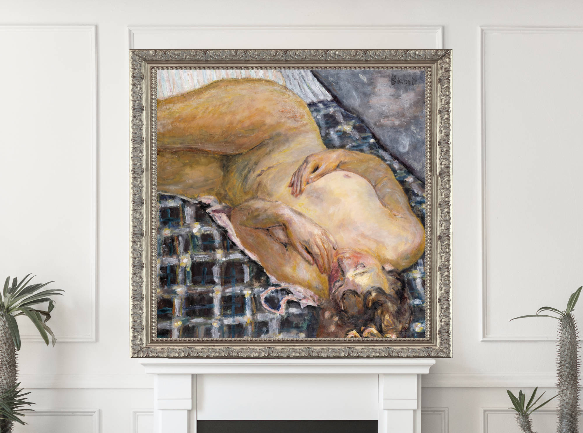 Pierre Bonnard Print, Reclining Nude against a White and Blue Plaid