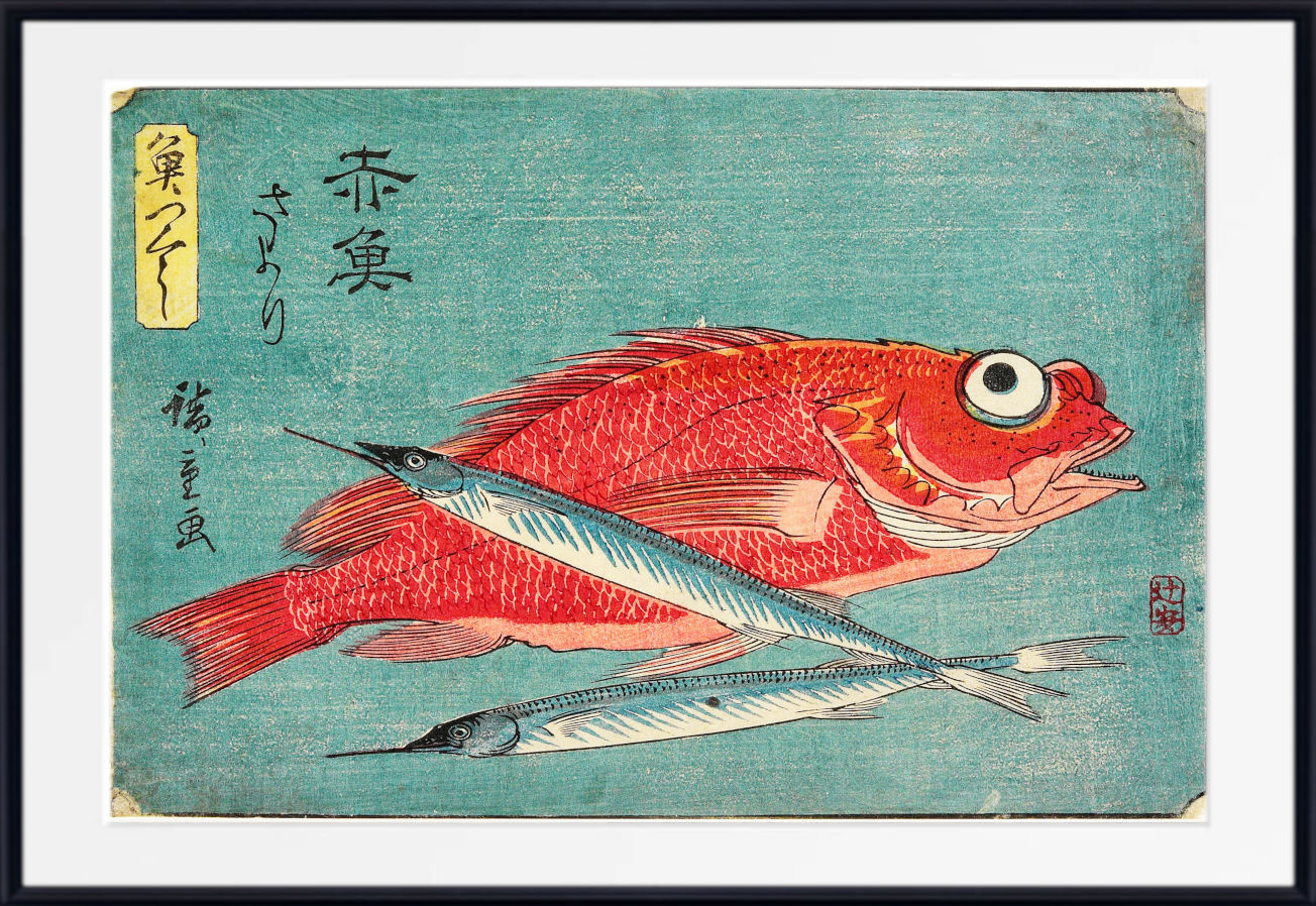 A framed Japanese-style art print depicting a large red fish with two silver eel fish below it on a textured teal background, with black calligraphy and a yellow label on the left.