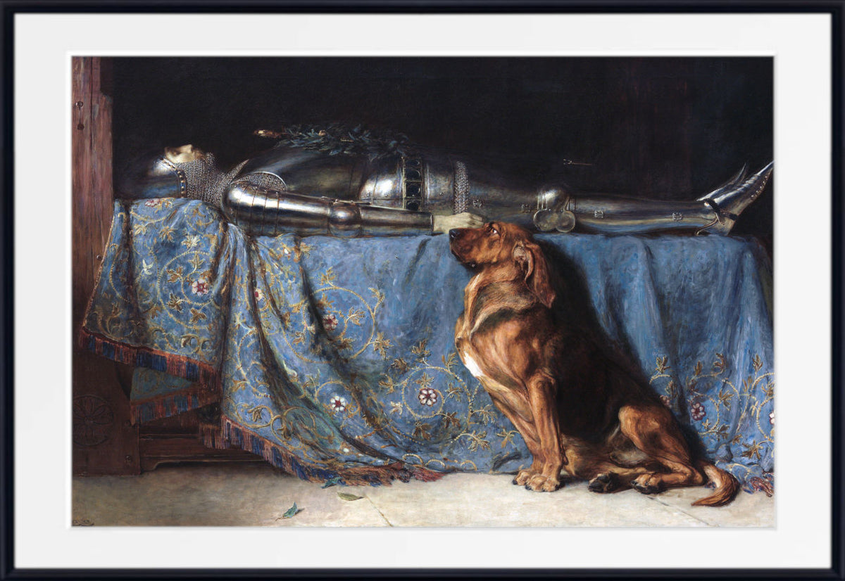 A framed art print of the classic oil painting 'The Dog and the Armor' by Peter Paul Rubens, showing a brown dog looking up at a suit of silver armor resting on a blue patterned drape. Briton Rivière Fine Art Print, Requiescat