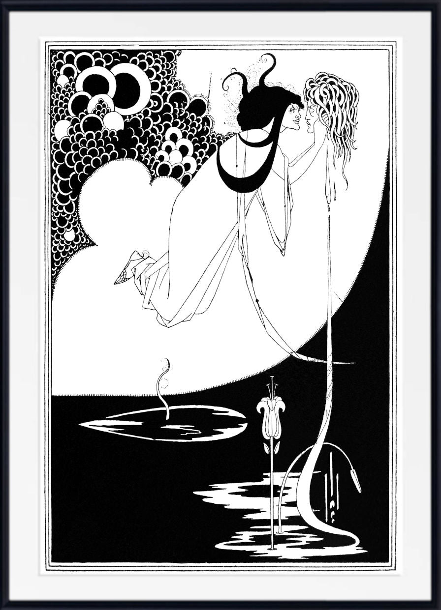 Framed black and white Art Deco style illustration featuring a stylized woman in flowing lines, a large crescent moon, abstract cloud-like forms, and a small figure near reflective water at the bottom.