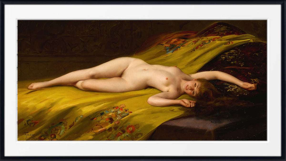 A framed classical painting depicting a reclining nude woman on a yellow draped bed, shown against a dark background with a white mat and black frame. Seduction, Luis Ricardo Falero Fine Art Print