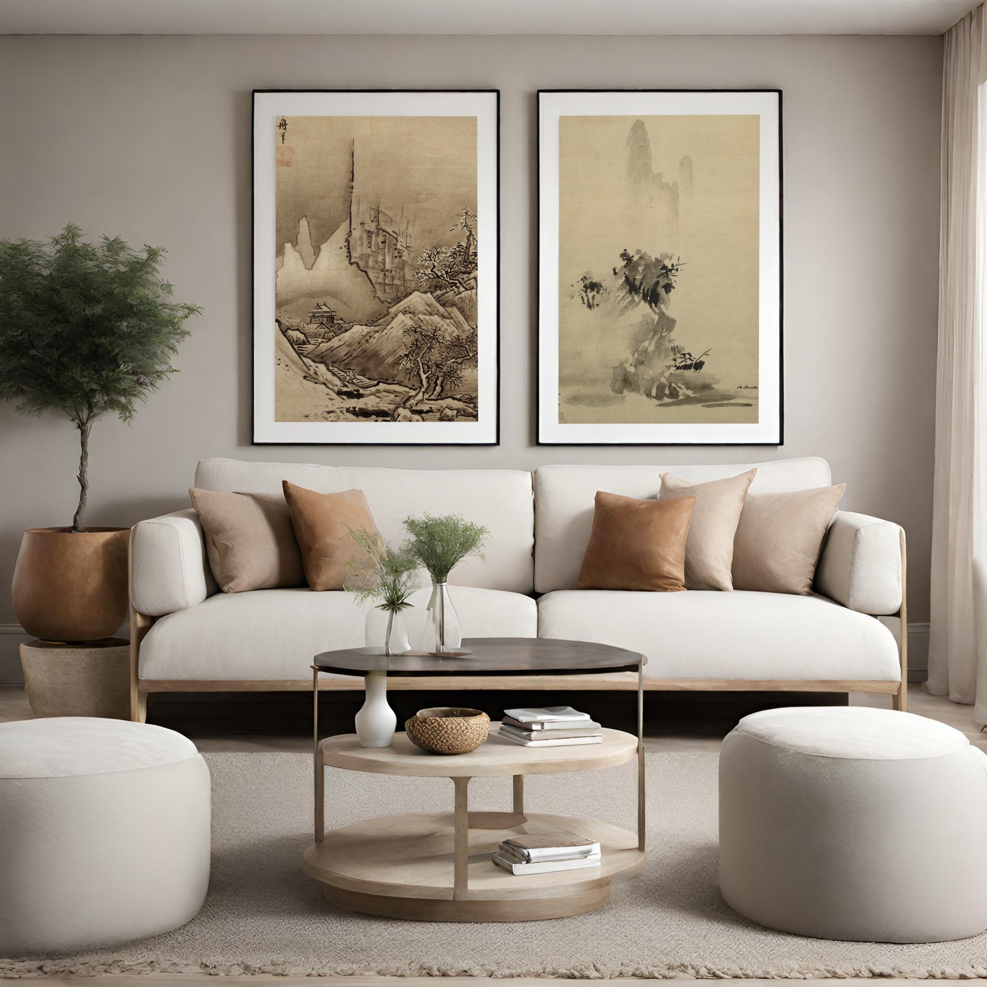 Living room Decor,Japanese Wall art, set of 2 Sesshu Toyo Prints