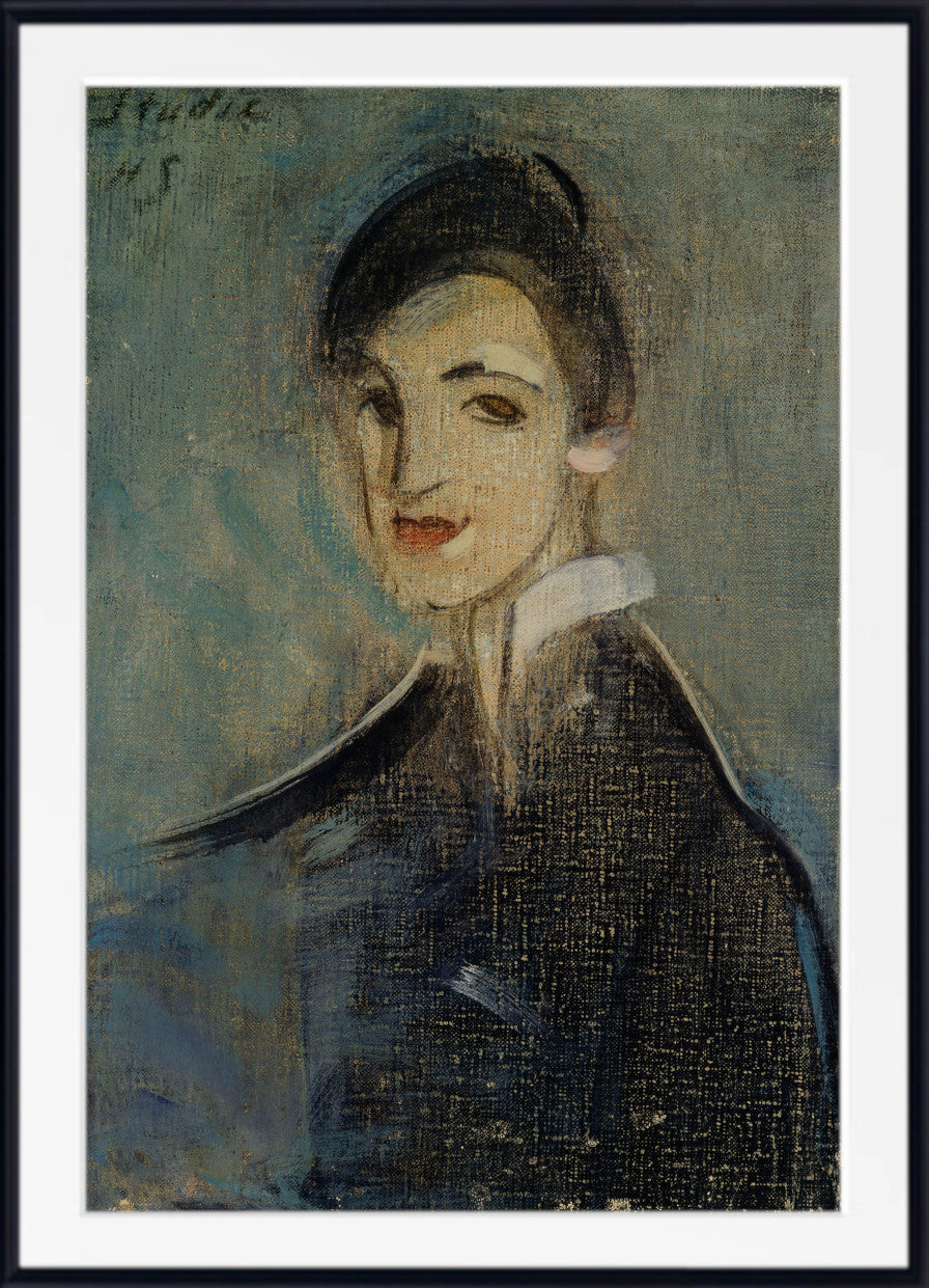 A framed portrait painting of a woman with a dark hat and dark coat against a muted blue-green background, shown with a white mat and black frame.