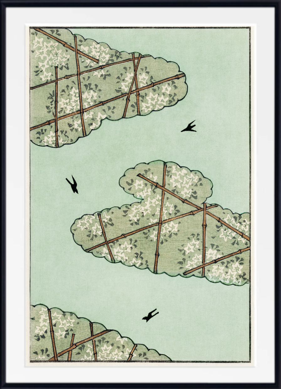 A framed Japanese-style art print featuring three cloud-like floral forms with bamboo lattice patterns on a pale green background, with small black birds and a white mat border.