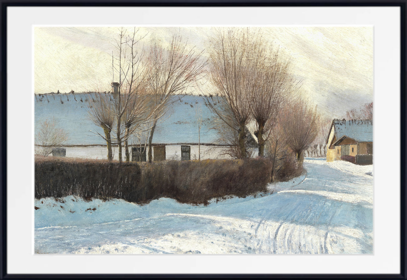Laurits Andersen Ring Fine Art Print, Snowcovered road in Baldersbrønde with strong shadows from a whitewashed, thatched house
