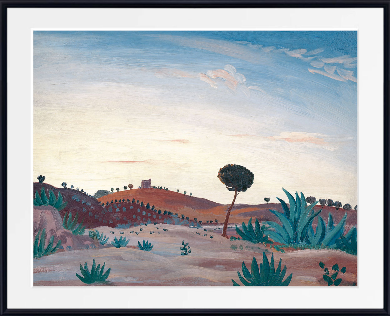 A framed landscape painting featuring a desert-like scene with rolling hills, a lone tree, blue-green plants, and a pale sky, shown with a white mat and black frame.
