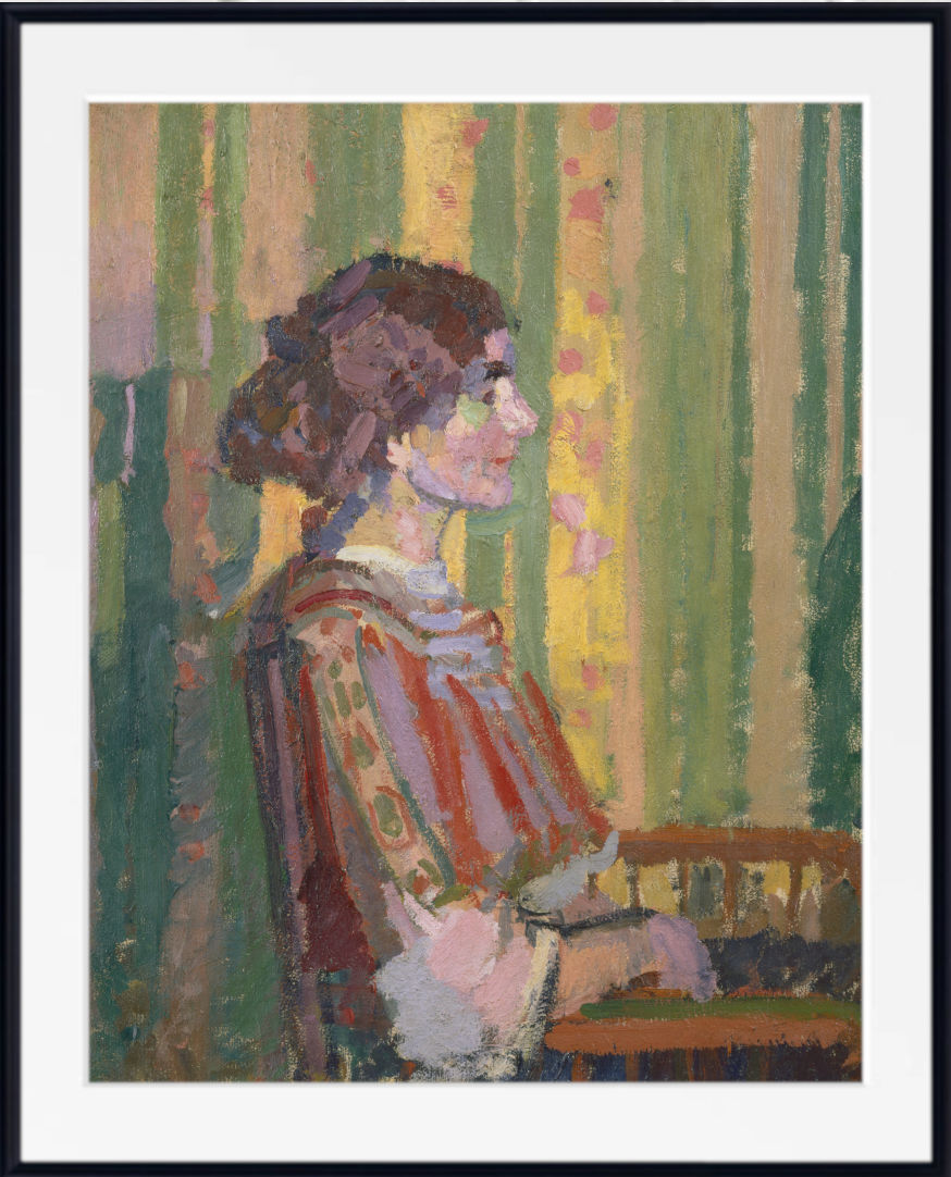 An impressionist-style portrait painting of a woman in profile, shown within a white mat and black frame. The artwork features vertical green and yellow striped background elements and a woman wearing a red and lavender dress.