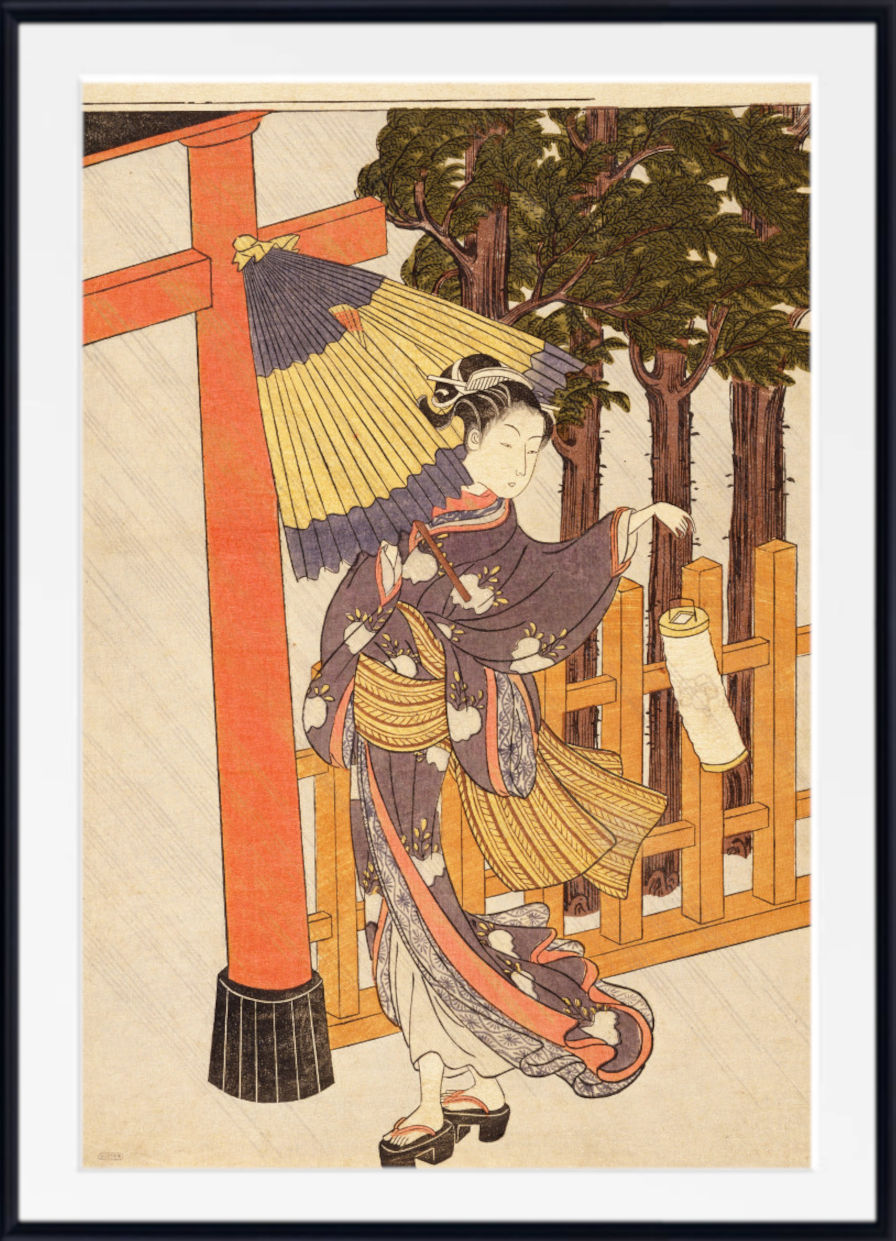 A framed Japanese-style art print depicting a woman in a dark kimono holding a large folding fan beside a red torii gate and wooden fence, with trees in the background.