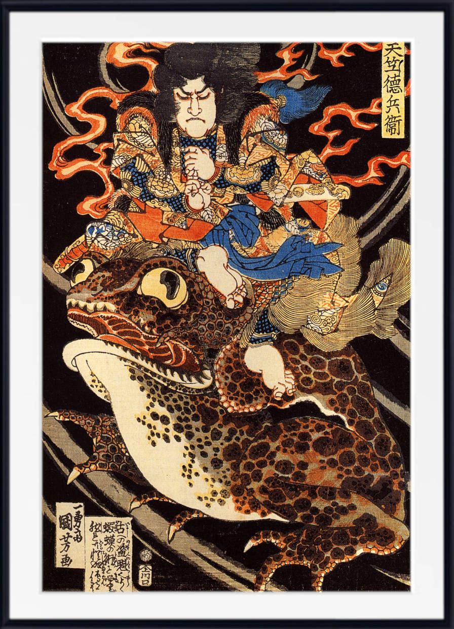 Utagawa Kuniyoshi Fine Art Print, Tenjiku Tokubei riding a giant toad, Ukiyo-e