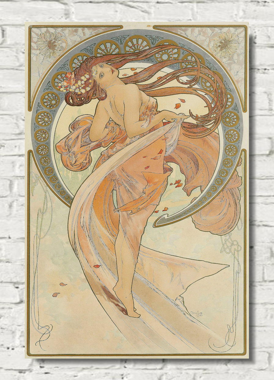 An Art Nouveau style poster print featuring a flowing female figure in warm peach, beige, and muted blue tones, displayed against a white brick wall background.