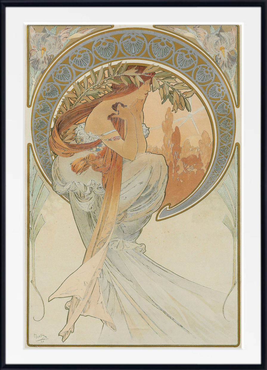 An Art Nouveau style art print featuring a woman in flowing white drapery with long orange-brown hair, framed by a decorative arch in blue, gold, and beige tones. The print is shown with a white mat and a black frame against a light background.