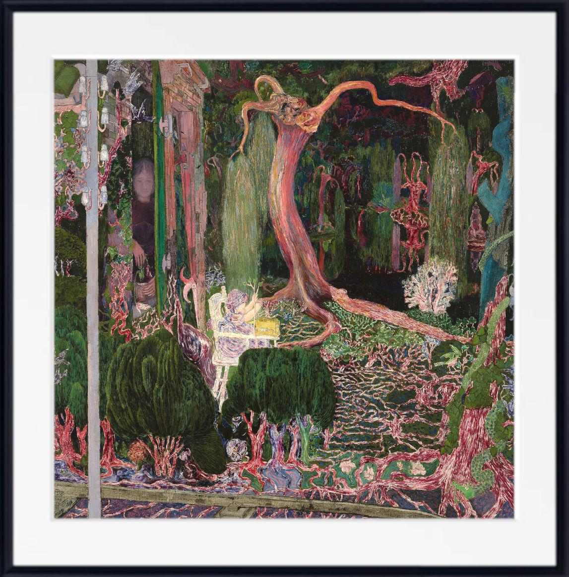 A framed art print featuring an intricate, surreal botanical painting with a central figure in a lush, detailed forest-like scene. The artwork is presented with a wide white mat and a simple black frame against a white background.