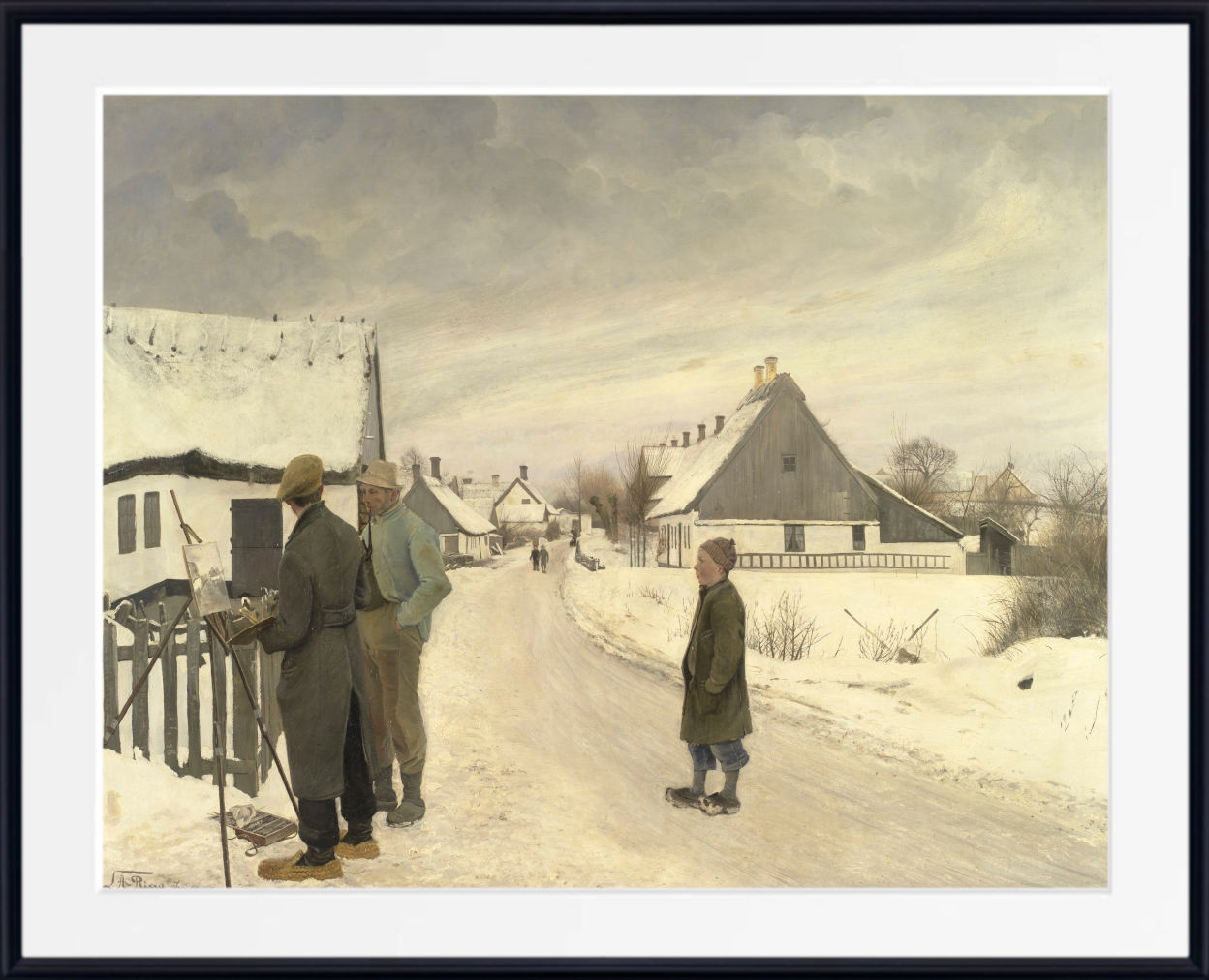 A framed art print of a classic winter landscape painting depicting a snowy village street with figures walking, featuring a wide white mat and a black frame.