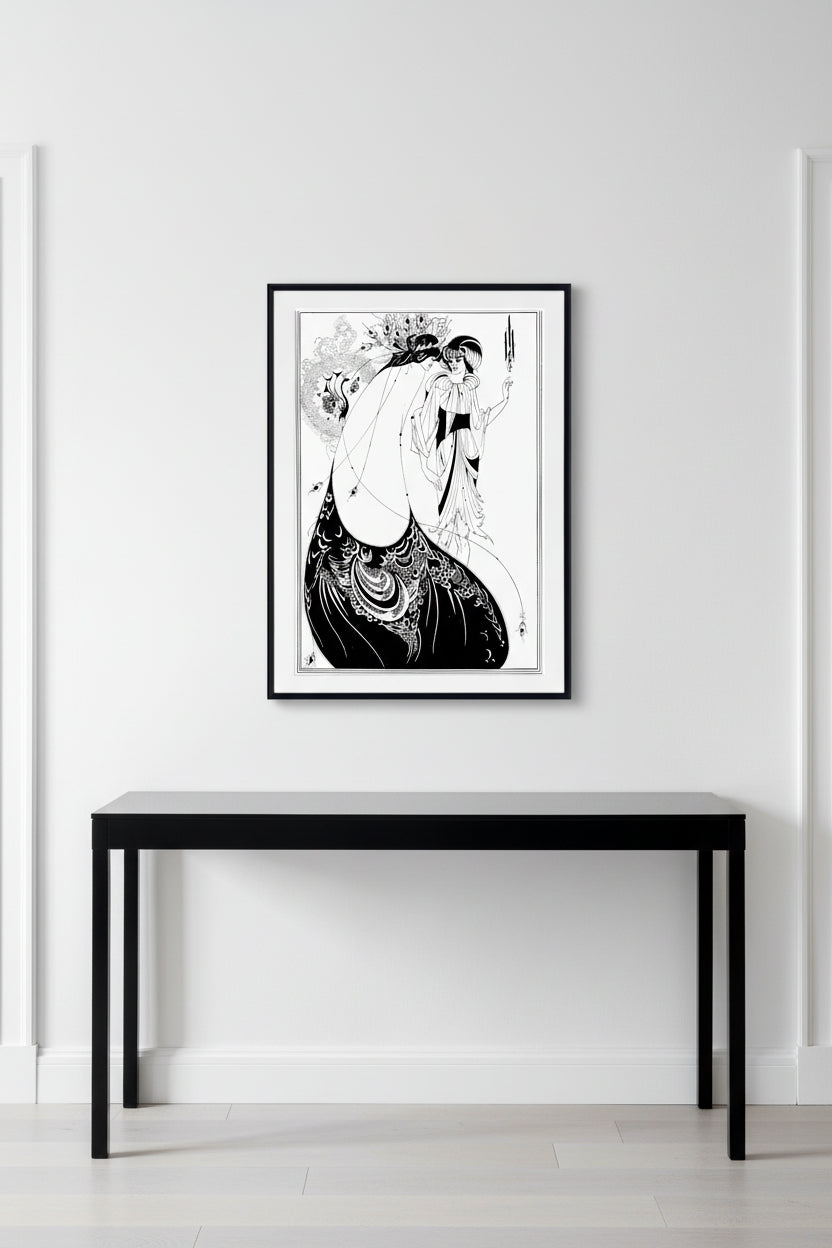 Black and white Art Deco style illustration print featuring two elegant figures in ornate flowing garments, presented with a white mat and black frame border.