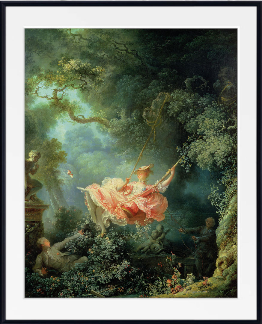 Jean-Honoré Fragonard Fine Art Print, The Swing A framed art print of Jean-Léon Gérôme's classical painting 'Olympia' depicting a woman on a swing in a lush, sunlit forest. The print is presented with a wide white mat and a simple black frame.