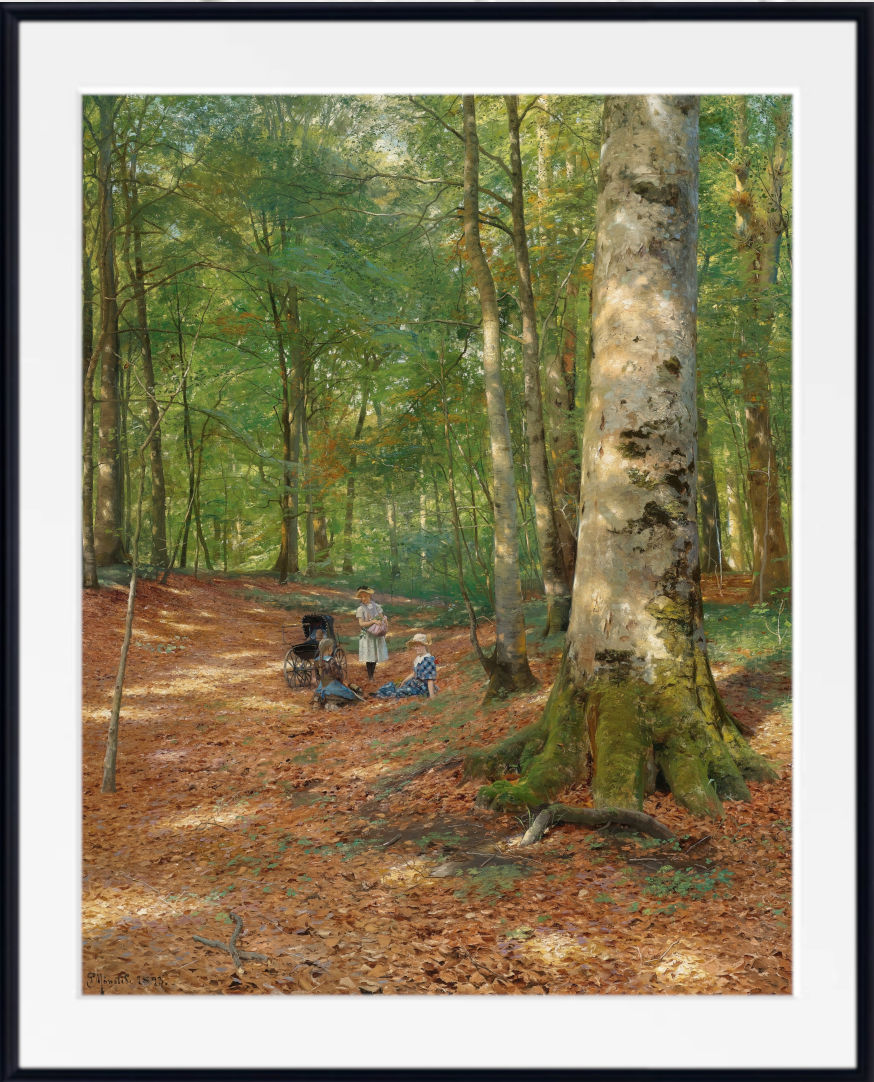 A framed art print depicting a serene forest scene with tall trees, a leaf-covered ground, and a few small figures in a meadow. The print is presented with a wide white mat and a simple black frame.