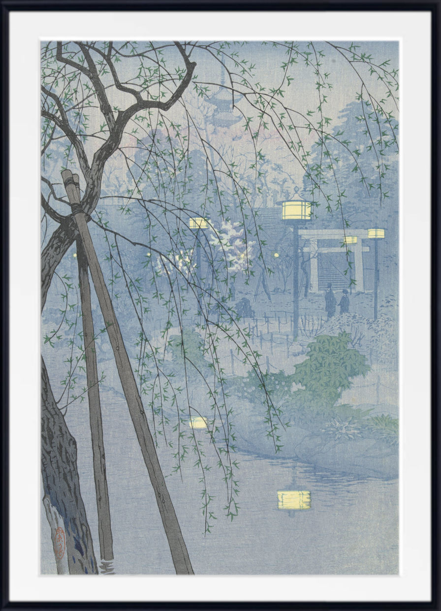 A framed Japanese-style art print depicting a serene twilight scene with weeping willow branches in the foreground, a torii gate, and soft blue-gray mist over water and trees. The print is shown with a white mat and a black frame.