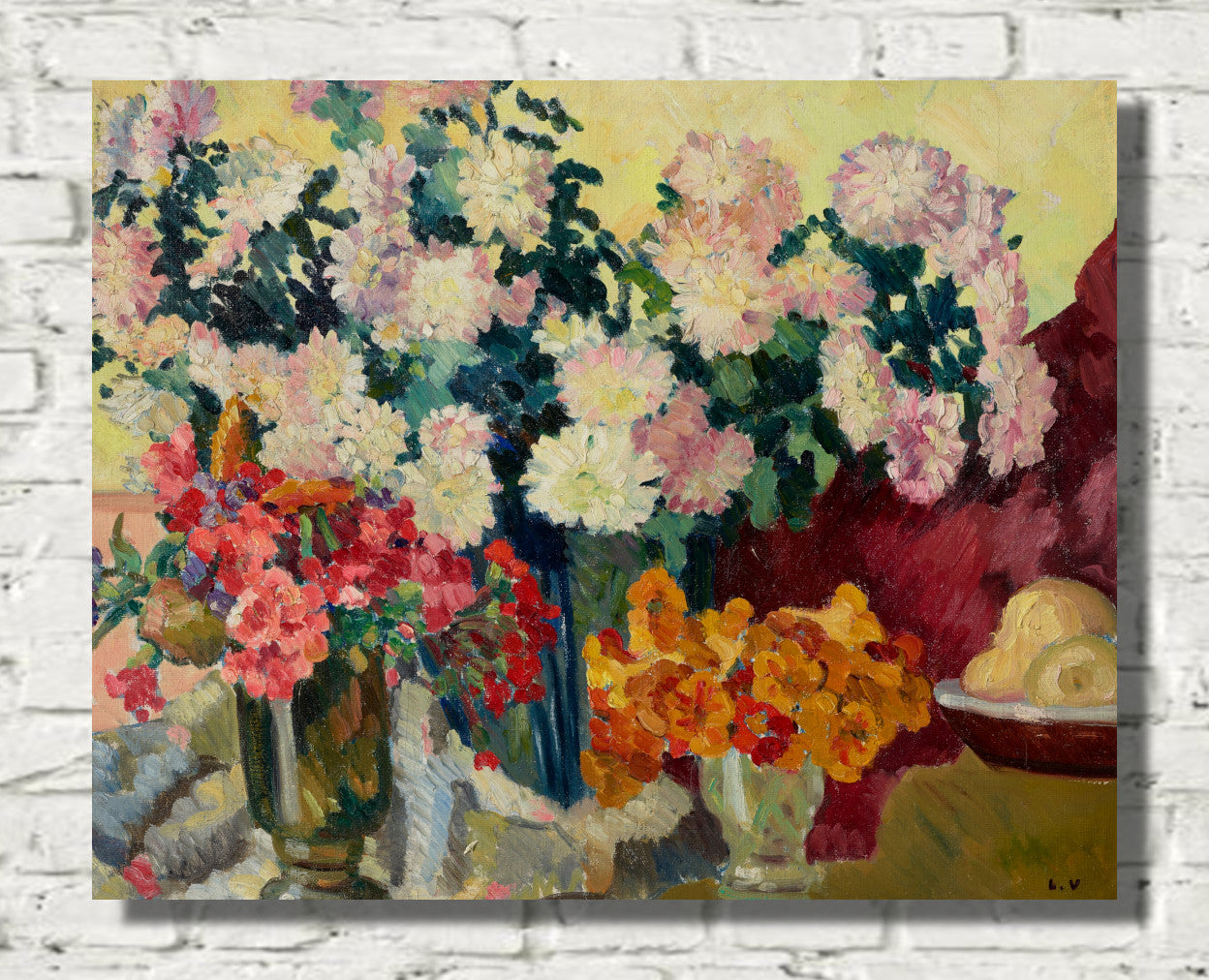 Three vases of flowers, plate of apples (1935) by Louis Valtat