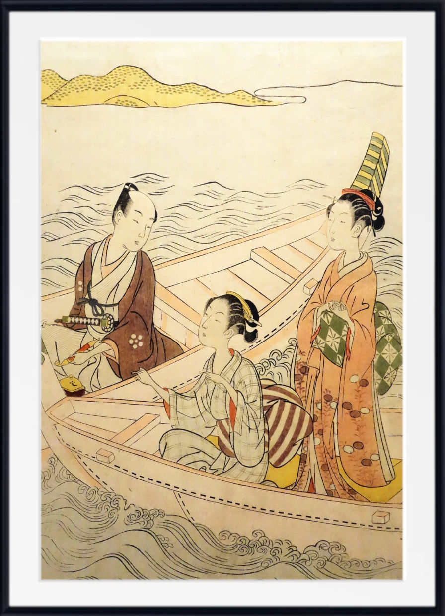 A framed Japanese ukiyo-e woodblock print depicting three figures in a boat on the water, with a cream background and a black frame.