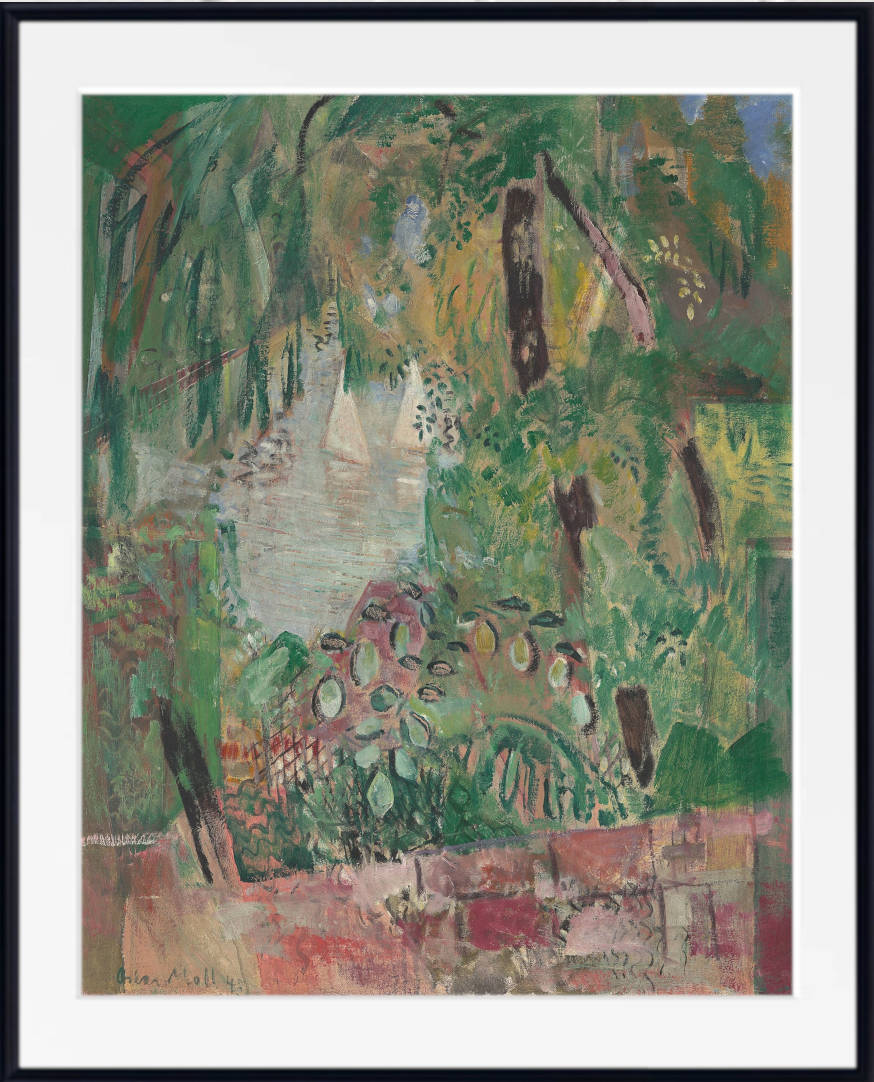 View of sea with leaves and two white sailing boats, Oskar Moll