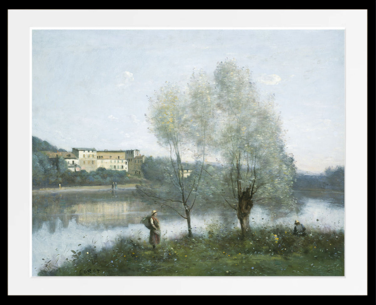 Jean-Baptiste-Camille Corot Fine Art Print, Ville d'Avray A framed landscape painting depicting a calm river scene with two pale trees in the foreground, a distant building across the water, and a few small figures near the bank. The artwork is shown with a wide white mat and a black frame.