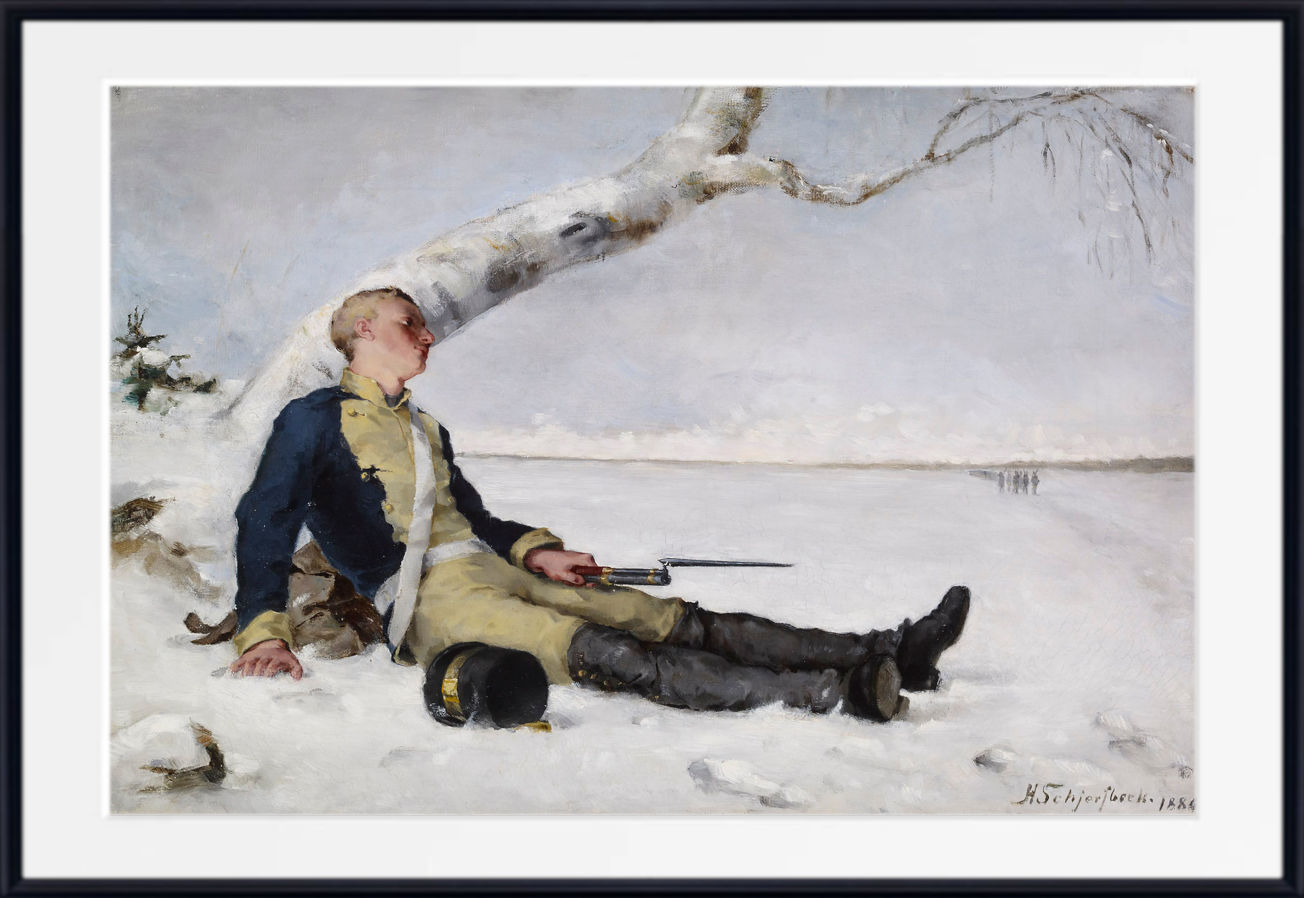 A framed art print of a classic painting depicting a soldier in a blue and beige uniform resting in the snow under a bare tree branch.