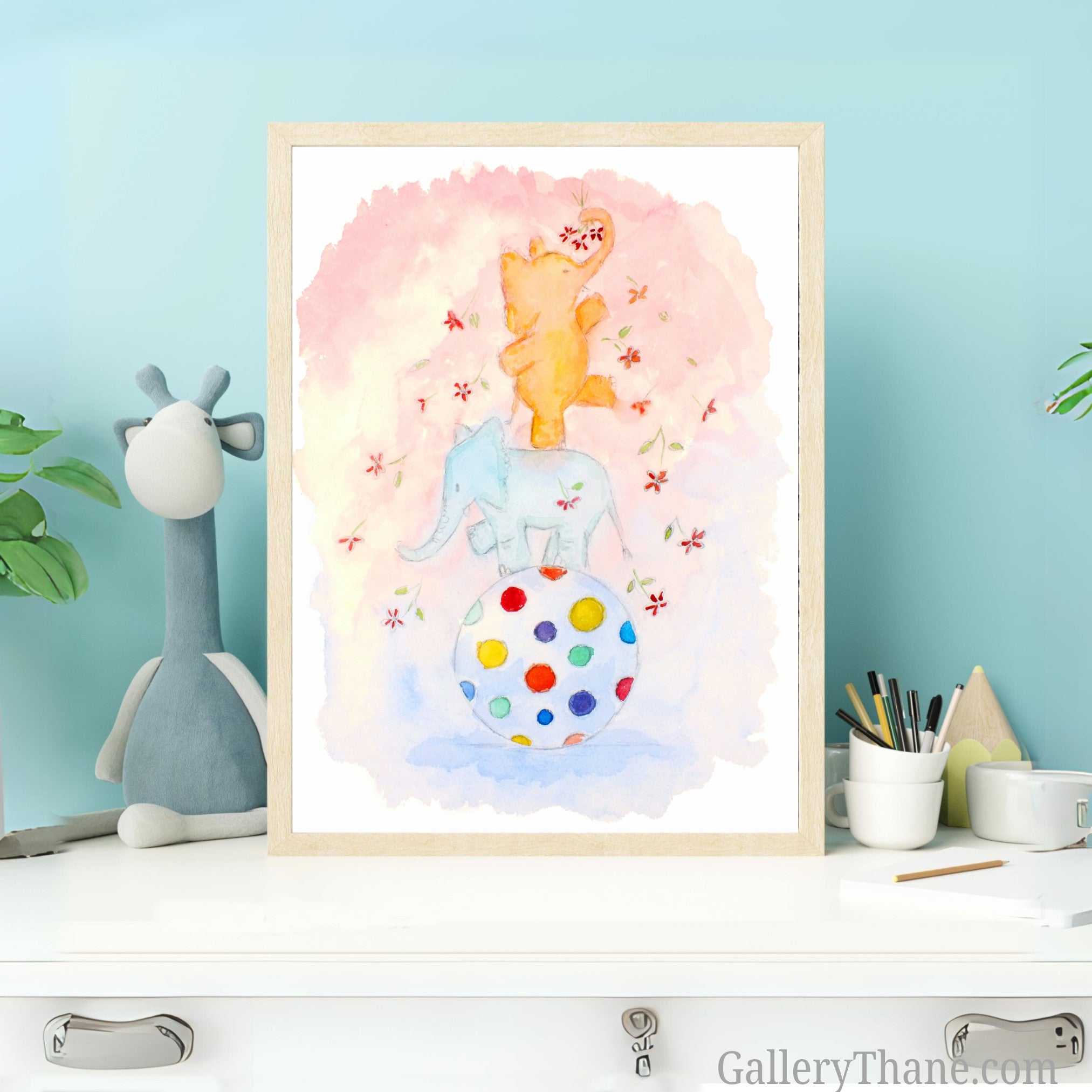 Acrobat Elephants Cute Children's Nursery Wall Art Print