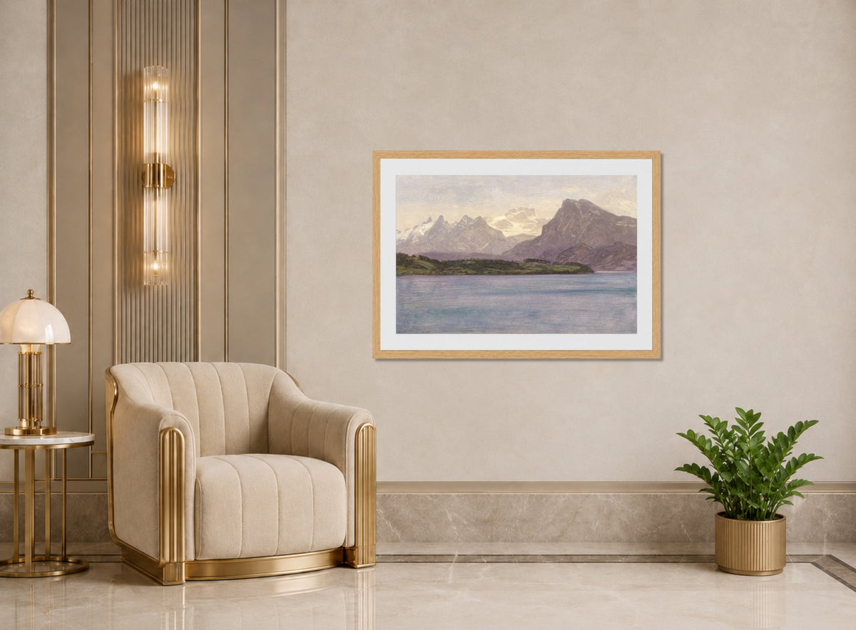 Albert Bierstadt Print, Alaskan Coast Range (ca. 1889) displayed in an Art Deco interior