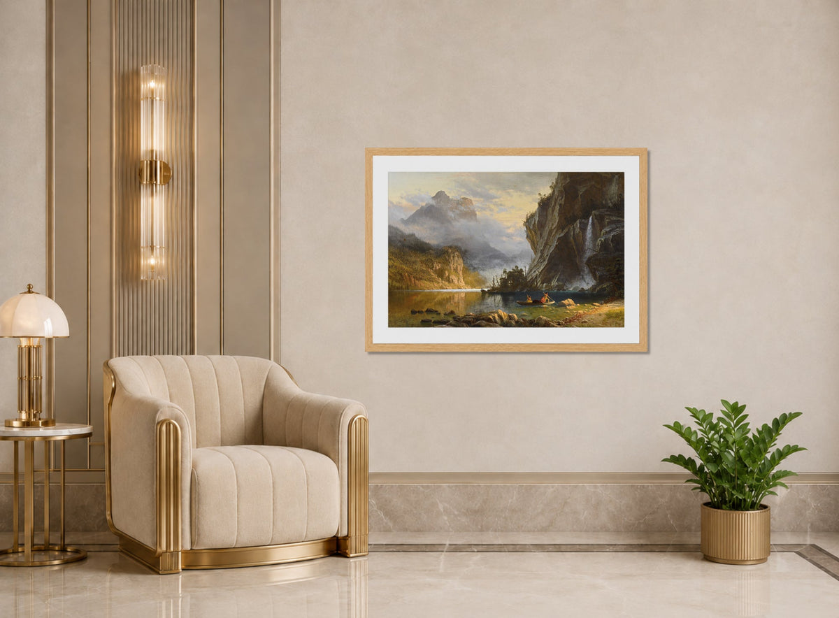 Albert Bierstadt Print, Albert Bierstadt - Indians Spear Fishing - Google Art Project displayed in an Art Deco interior
