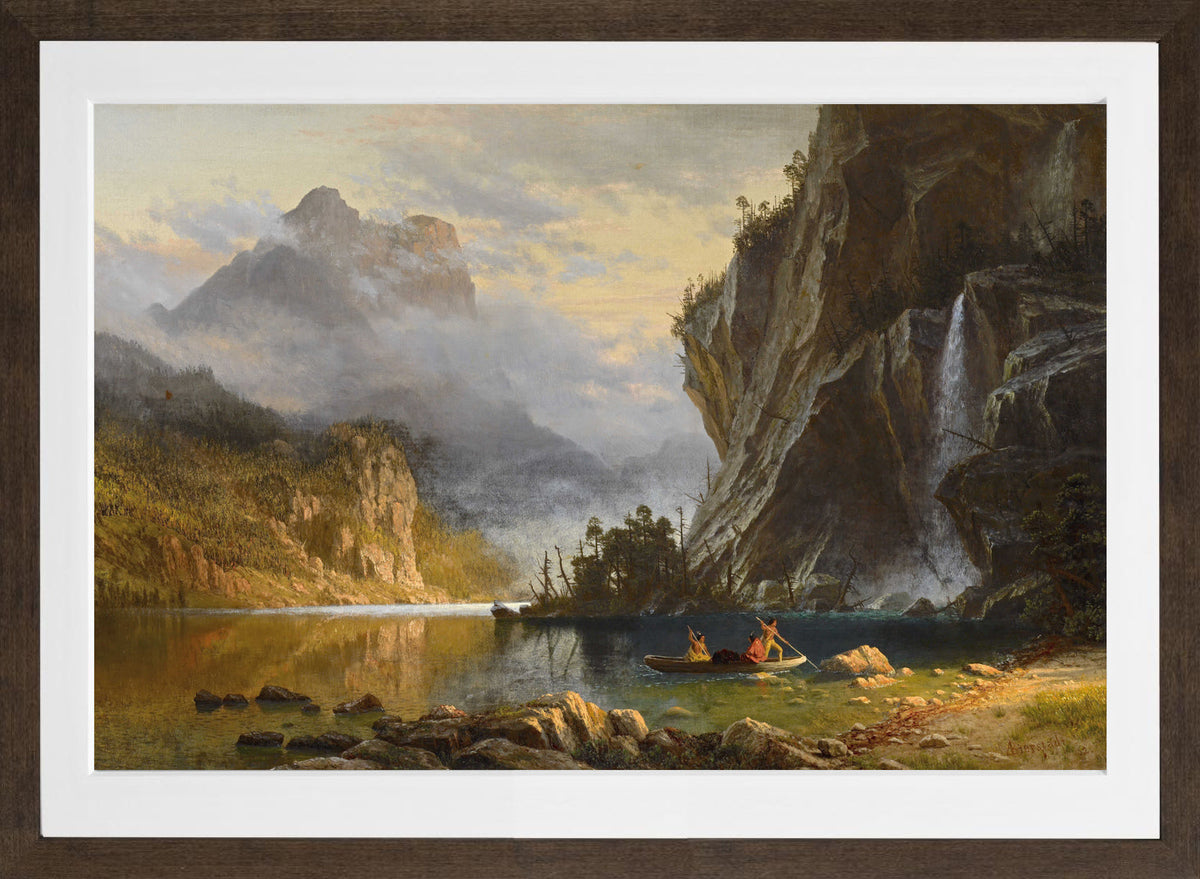 Albert Bierstadt Print, Albert Bierstadt - Indians Spear Fishing - Google Art Project in a brown frame