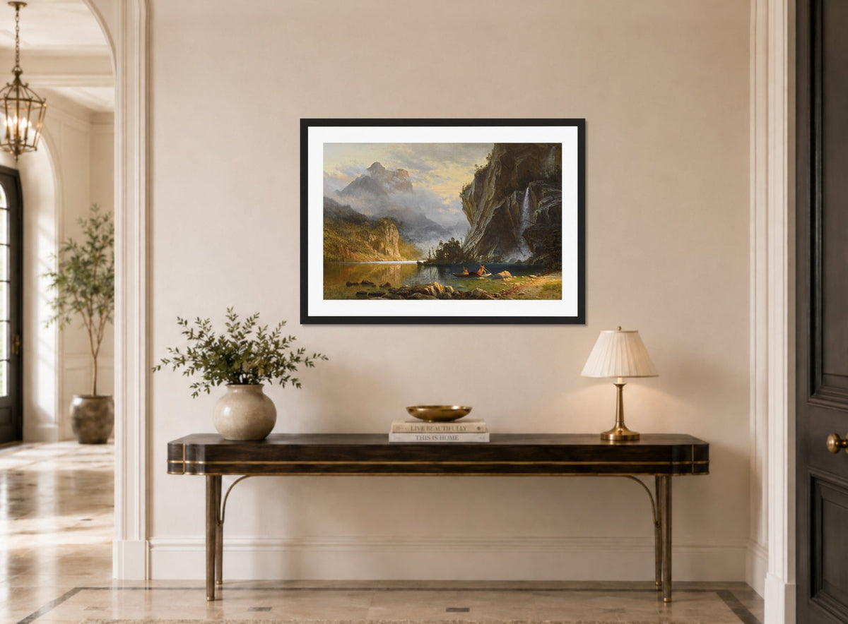 Albert Bierstadt Print, Albert Bierstadt - Indians Spear Fishing - Google Art Project displayed above a console table