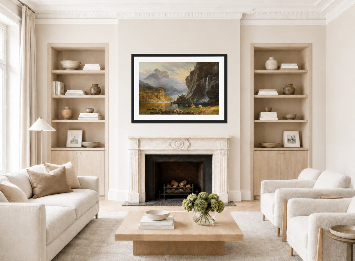 Albert Bierstadt Print, Albert Bierstadt - Indians Spear Fishing - Google Art Project displayed in a Scandinavian living room