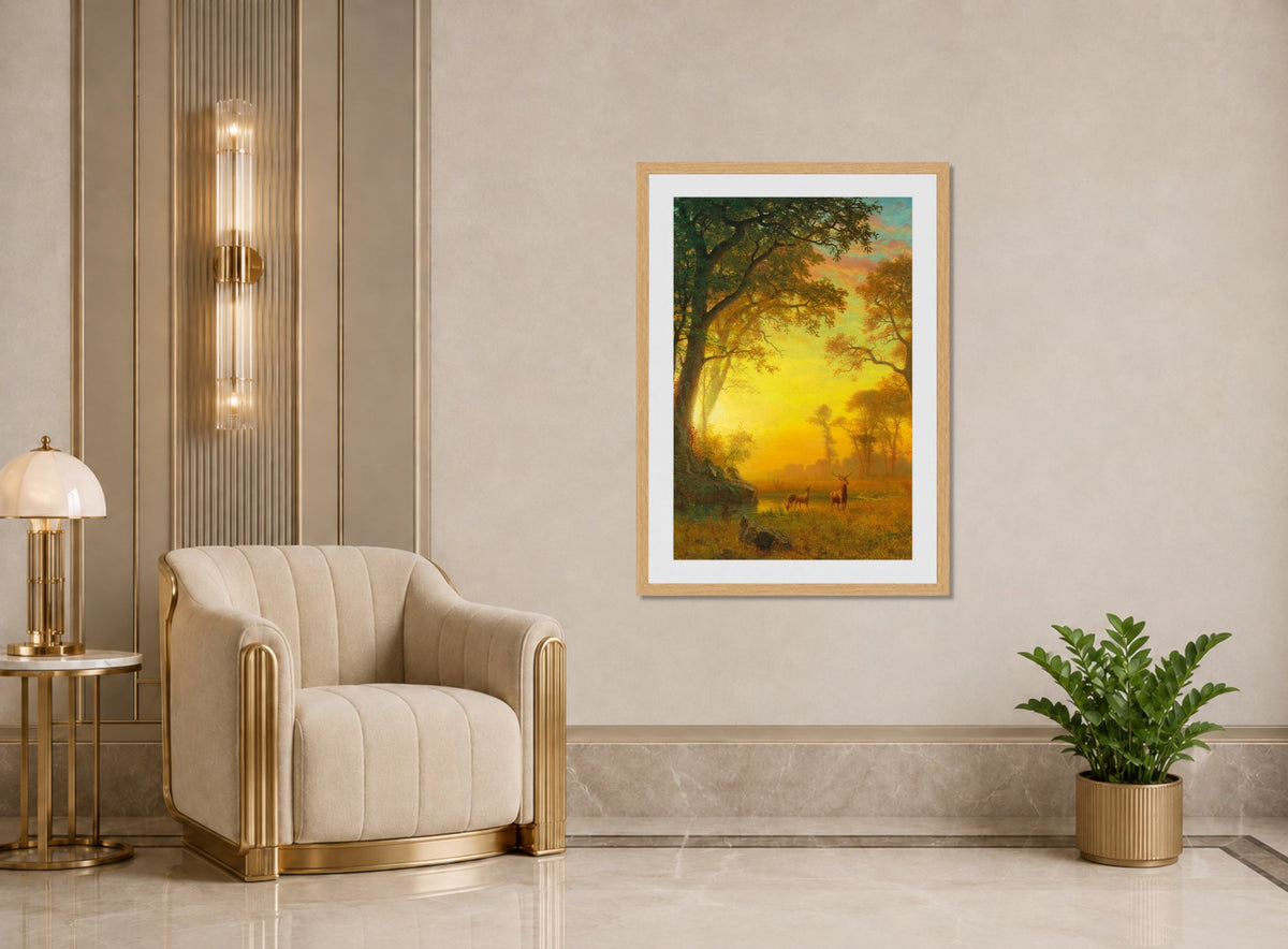 Albert Bierstadt Print, Albert Bierstadt - Light in the Forest displayed in an Art Deco interior