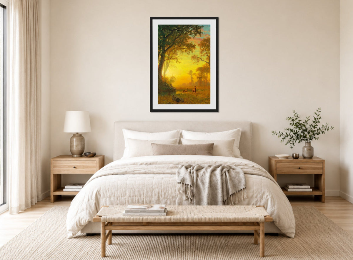 Albert Bierstadt Print, Albert Bierstadt - Light in the Forest displayed above a bed