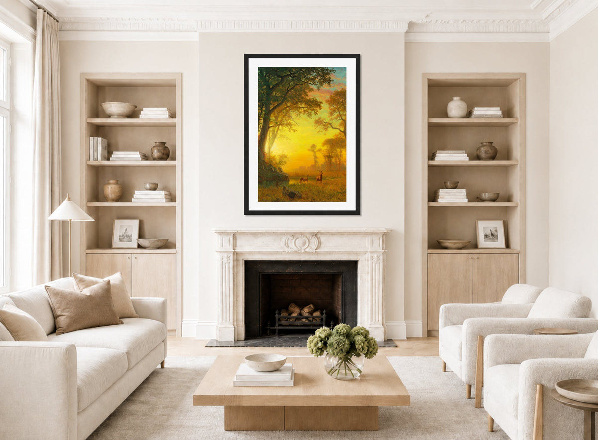 Albert Bierstadt Print, Albert Bierstadt - Light in the Forest displayed in a Scandinavian living room